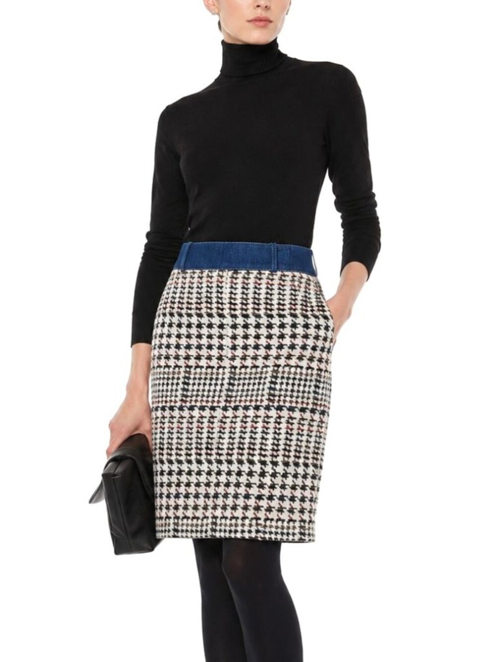 Akris Punto Houndstooth Jacquard Pencil Skirt Denim Trim Midi
